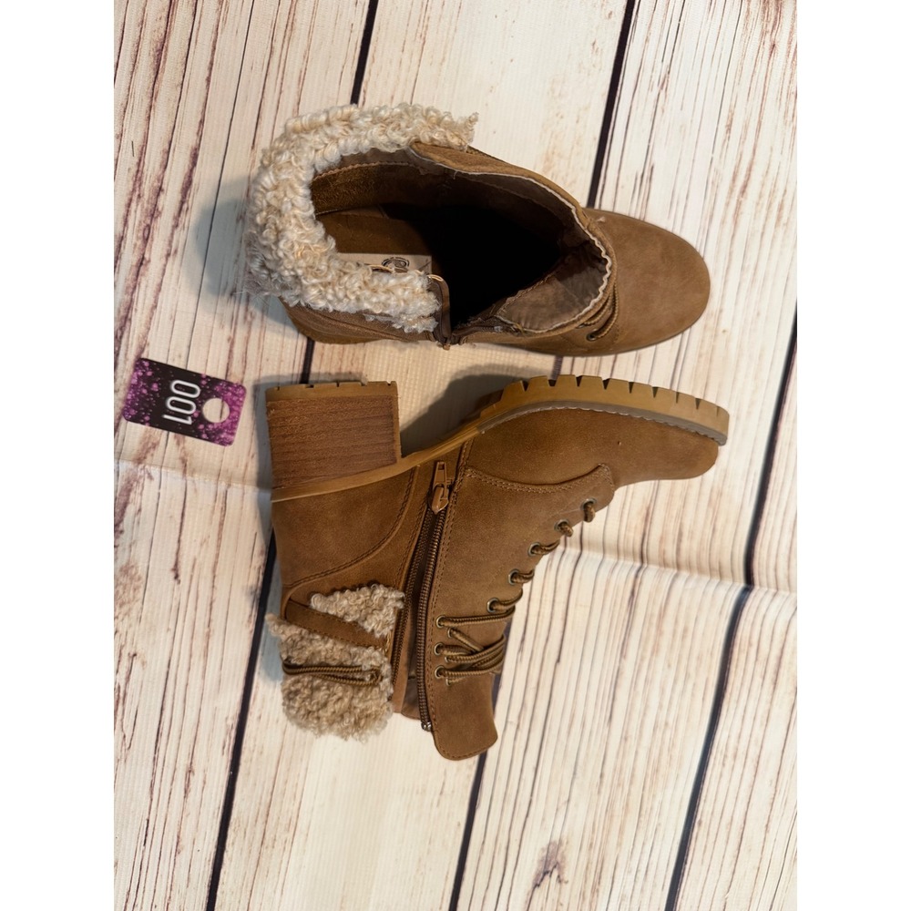 Very G Tan Faux Suede Shearling Trim Lace Up Ankle Boots Block Heel Womens 7